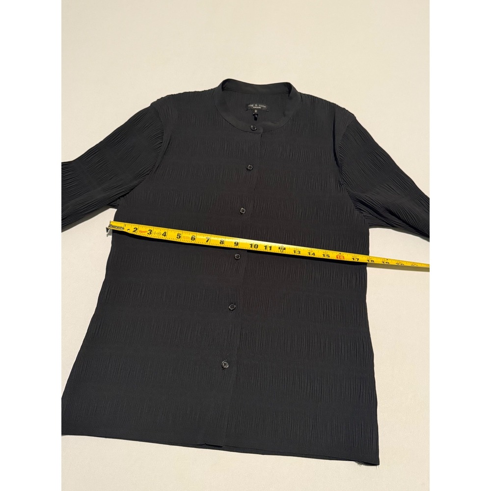 Rag & Bone Black Plisse Crinkle Button Down Band Collar Top Blouse Large - Picture 12 of 14
